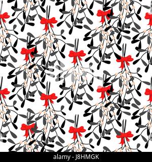 Mistletoe branches seamless vector pattern. Traditional plant tied with red bow. Black stylized leaves on white background. Stock Vector
