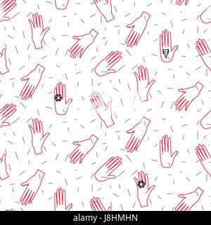 Hipster outline hands vector seamless pattern. Fun doodle background. Red outline human arms with diamond rings on white pattern. Stock Vector