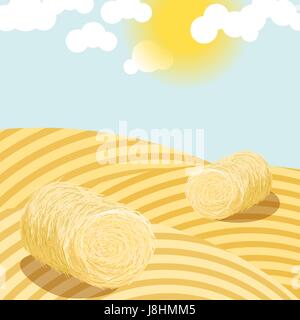 Hay bales on rural field on a sunny day illustration. Straw bales on wheat country fields. Agriculture landscape. Stock Vector