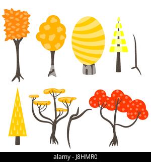 Vector tree clip art nature set. Forest autumn fall yellow red trees in flat style on white. Stock Vector