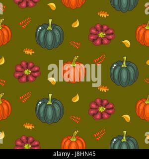 Autumn harvest seamless vector pattern. Acorn pumpkins and faded leaves repeat green background. Stock Vector
