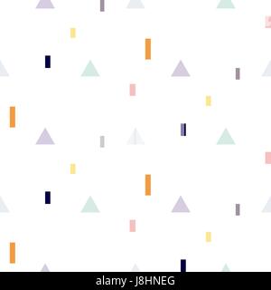 Vector seamless pattern with geometric shapes. Blue triangles and orange rectangles fine print white background. Stock Vector