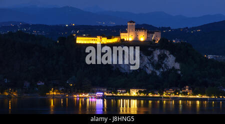 lake maggiore night aerial view of the Rocca di Angera castle Stock Photo