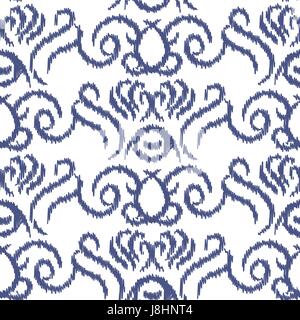 Ikat ogee vector seamless pattern. Abstract swirl background for fabric, print or wrapping paper. Indigo blue on white swirl design. Stock Vector