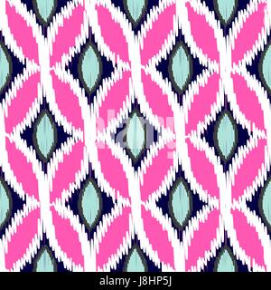 Ikat ogee rhombs vector seamless pattern. Abstract geometric background for fabric, print or wrapping paper. Indigo blue and fuchsia pink design. Stock Vector