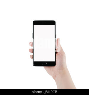 female teen hand holding smartphone with blank screen isolated Stock Photo