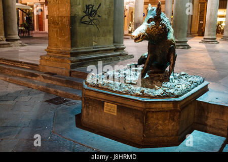 Wild Boar Statue on the New Market Square in Florence at Night, Italy Stock Photo
