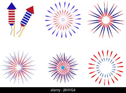 Fireworks, salute in traditional colors USA set of elements for your design. America's Independence Day, July 4, concept. Vector illustration. Stock Vector