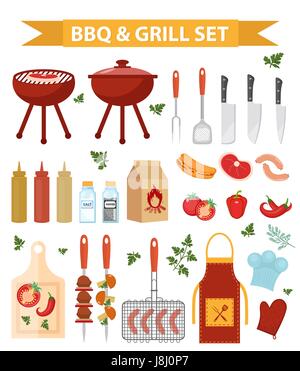 Barbecue and grill icons set, flat or cartoon style. BBQ collection of objects, elements of design. Isolated on white background. Vector illustration. Stock Vector