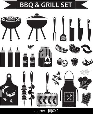 Barbecue and grill icons set, black silhouette, outline style. BBQ collection of objects, elements of design, logo. Isolated on white background. Vector illustration. Stock Vector