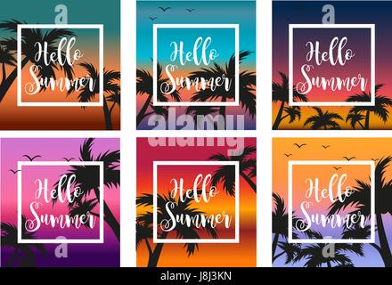 Hello summer set the template for the poster in a white frame on a background of sunset and palm trees. Beach concept collection, vacation, vacation by the sea. Vector illustration. Stock Vector