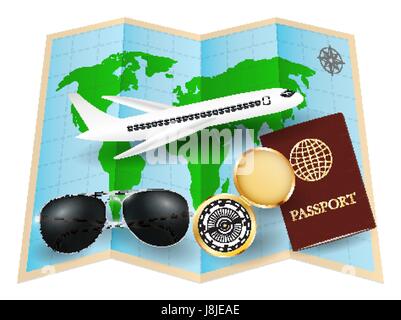 world map with sunglasses compass passport plane Stock Vector