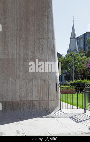 Commercial building and church spire in Pomona, CA Stock Photo