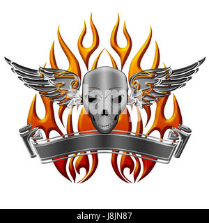 skull, fire, conflagration, flame, flames, banner, metallic, wings, tattoo, Stock Photo