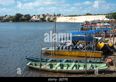 Barreirinhas, Brazil - 13 July, 2016: Tourist boats waiting for tourists on the river Rio Preguica, Maranhao, Lencois Maranhenses National Park, north Stock Photo