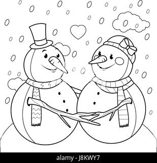 Cute snowmen in love coloring page Stock Vector