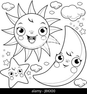 Sun moon and stars characters. Cute sky cartoon symbols, moon, star and the sun. Vector black and white coloring page. Stock Vector