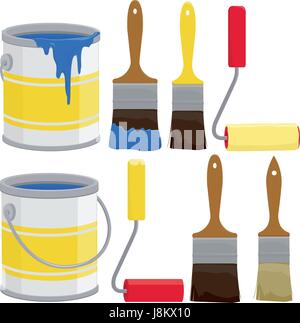 Paint cans, brushes and paint rollers. Can of colored paint for wall painting, house renovation projects and decoration. Vector illustration Stock Vector
