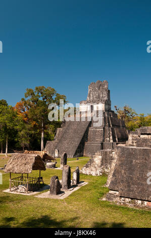 The Temple II and Grand Plaza at Tikal mayan archaeological site. Stock Photo