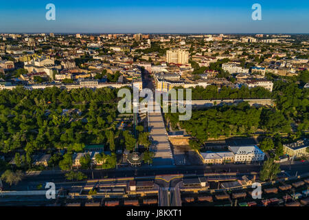 Elevated drone image of the Potemkin Stairs and Prymorski Boulevard with Istanbul Pakr and the Odessa Skyline behind. Taken at sunrise on a summer mor Stock Photo