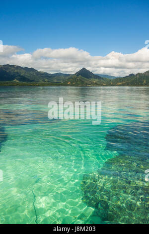 The crystal clear emerald green waters, beautiful coral reefs, and lush green mountains of Kaneohe Bay on the island of Oahu, Hawaii. Stock Photo