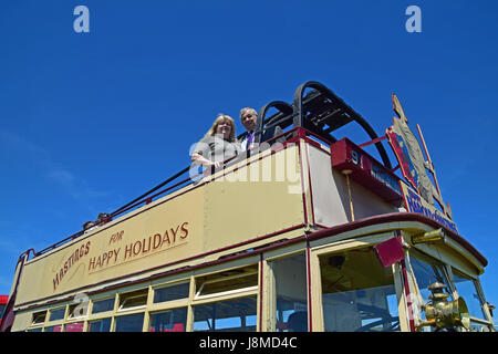 Happy Harold, DY4965, 1928 Guy BTX open top trolley bus, 25th Annual trolley bus rally, The Oval Hastings 2017 Deputy Mayor Nigel Sinden & Kim Mantel Stock Photo