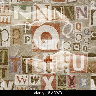 Abstract designed background made of newspaper letters clippings, hands and paper texture Stock Photo