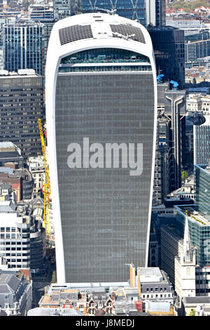 Close up full length aerial view looking down Walkie Talkie skyscraper building 20 Fenchurch Street  City of London England UK with sky garden & roof Stock Photo