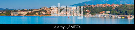 Porto-Vecchio bay, coastal cityscape, Corsica island, France. Extra wide panoramic photo Stock Photo