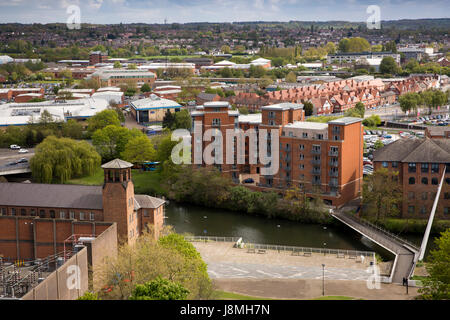 UK, England, Derbyshire, Derby, Old Silk Mill and Stuart Street apartments and footbridge across River Derwent, elevated view from Cathedral Tower Stock Photo
