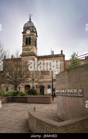 UK, England, Derbyshire, Derby, Market Place, Guildhall and Speaker’s Corner heads Stock Photo