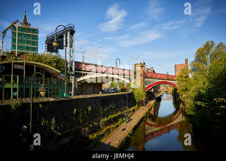Sunny day, victorian cast iron railway bridges  Castlefield on the Rochdale Canal, Gtr Manchester, UK. Stock Photo