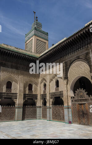 Fez, Morocco - May 9, 2017: Courtyard of the Madrasa Bou Inania in Fez, Morocco, Africa Stock Photo