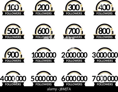 Jubilee for celebration. Number of followers, vector set of signs in a round frame with ribbon. Accurate design in black and gold colors. Stock Vector