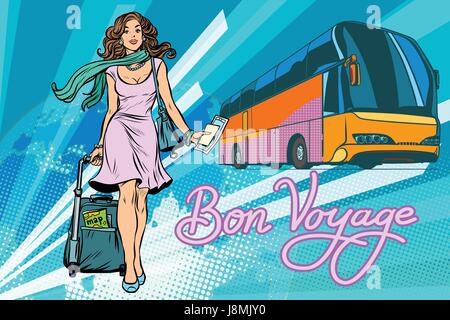 Beautiful young woman tourist passenger tour bus