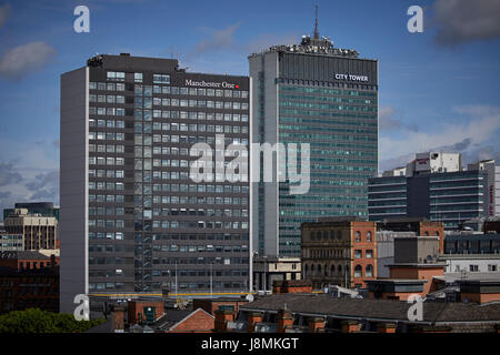 Manchester One and City towers high-rise landmark  buildings in Manchester, England, owned by Bruntwood Stock Photo