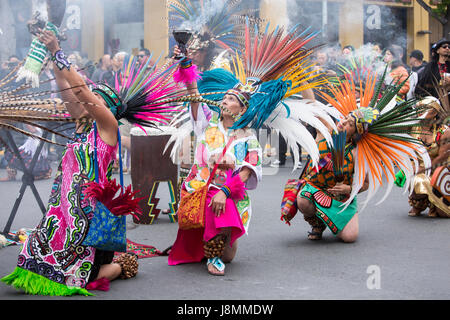 Members of Xiuhcoatl Danza Azteca dance troupe performing ceremony at ...