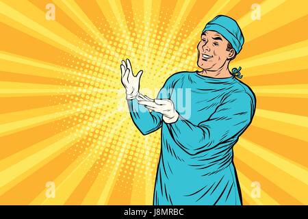 Doctor surgeon after the surgery smiling. Medicine and health care. Pop art retro vector illustration Stock Vector