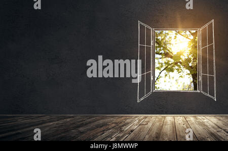 Illustration of old vintage room with concrete wall and wooden floor. Drawn open window with real sunlight is breaking through the window. Mixed media Stock Photo