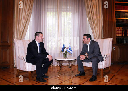 Athens, Greece. 29th May, 2017. Greek Prime Minister Alexis Tsipras (R) holds talks with his Estonian counterpart Juri Ratas in Athens, Greece, on May 29, 2017. Greek Prime Minister Alexis Tsipras welcomed his Estonian counterpart Juri Ratas in Athens on Monday, where they discussed the challenges of the upcoming Estonia's Presidency of the Council of the European Union. Credit: Marios Lolos/Xinhua/Alamy Live News Stock Photo