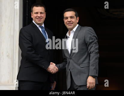 Athens, Greece. 29th May, 2017. Greek Prime Minister Alexis Tsipras (R) shakes hands with his Estonian counterpart Juri Ratas in Athens, Greece, on May 29, 2017. Greek Prime Minister Alexis Tsipras welcomed his Estonian counterpart Juri Ratas in Athens on Monday, where they discussed the challenges of the upcoming Estonia's Presidency of the Council of the European Union. Credit: Marios Lolos/Xinhua/Alamy Live News Stock Photo