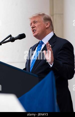 Arlington, USA. 29th May, 2017. U.S. President Donald Trump delivers his address during the annual Memorial Day Observance at the Memorial Amphitheater in Arlington National Cemetery May 29, 2017 in Arlington, Virginia. Credit: Planetpix/Alamy Live News Stock Photo