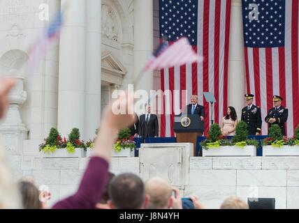 Arlington, USA. 29th May, 2017. U.S. President Donald Trump delivers his address during the annual Memorial Day Observance at the Memorial Amphitheater in Arlington National Cemetery May 29, 2017 in Arlington, Virginia. Credit: Planetpix/Alamy Live News Stock Photo