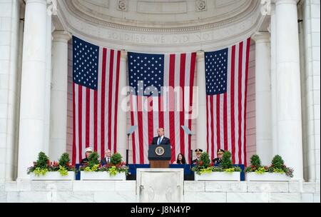 Arlington, USA. 29th May, 2017. U.S. President Donald Trump delivers his address during the annual Memorial Day Observance at the Memorial Amphitheater in Arlington National Cemetery May 29, 2017 in Arlington, Virginia. Credit: Planetpix/Alamy Live News Stock Photo