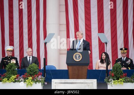 Arlington, USA. 29th May, 2017. U.S. President Donald Trump delivers his address during the annual Memorial Day Observance as at the Memorial Amphitheater in Arlington National Cemetery May 29, 2017 in Arlington, Virginia. Credit: Planetpix/Alamy Live News Stock Photo