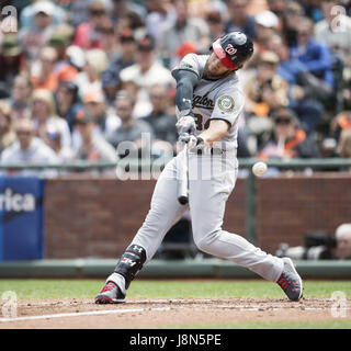 May 29, 2017: Washington Nationals right fielder Bryce Harper (34) hitting a foul ball, during a MLB baseball game between the Washington Nationals and the San Francisco Giants on Memorial Day at AT&T Park in San Francisco, California. Harper was later thrown out of the game for fighting with relief pitcher Hunter Strickland (60). Valerie Shoaps/CSM Stock Photo