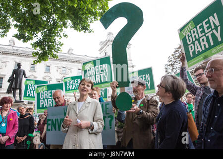 London, UK. 30th May, 2017. Caroline Lucas, co-leader of the Green Party, makes a speech on the environment at a flash rally in Parliament Square to highlight how the issue has not featured in campaigning by other parties for the general election, with no mention during electoral debates and no detailed proposals in their manifestos. Credit: Mark Kerrison/Alamy Live News