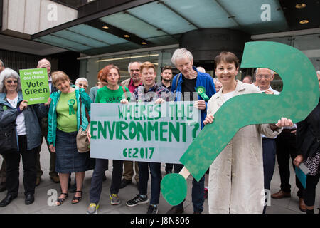 London, UK. 30th May, 2017. Caroline Lucas, co-leader of the Green Party, visits the Labour Party headquarters with Green Party campaigners bearing a giant green question mark to highlight how the environment has not featured in campaigning by other parties for the general election, with no mention of the topic during electoral debates and no detailed proposals in their manifestos. Credit: Mark Kerrison/Alamy Live News Stock Photo