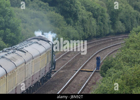 Marazion, Cornwall, UK. 29th May 2017. A trainspotter standing on the main London to Penzance track to get a photograph of the Tornado train steaming into Penzance yesterday. Credit: cwallpix/Alamy Live News Stock Photo