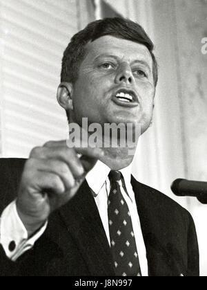 United States Senator John F. Kennedy (Democrat of Massachusetts), a candidate for the 1960 Democratic Party nomination for President of the United States, speaks at a National Press Club luncheon in Washington, DC on January 14, 1960. Credit: Benjamin E. 'Gene' Forte / CNP /MediaPunch Stock Photo